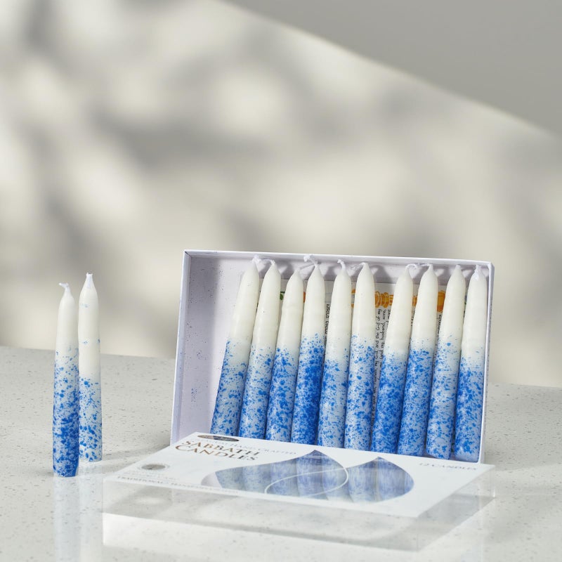 Rite Lite Blue & White Shabbat Candles Premium 12 Pack Traditional Dinner Table Jewish Household Shabbos Candles Religious Home Decor with Beautiful Gift Box & Artistic Card - Image 3